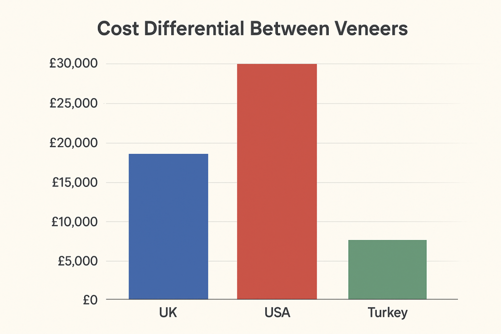 Dental veneers cost comparison table from Perfect Smile Turkey, illustrating affordable prices for full set veneers at our Antalya dental clinic, a leading choice for Turkey dental treatment.